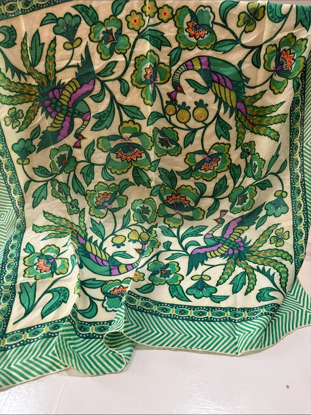 Vintage 1960’s Floral Peacock 🦚 Bird Silk Scarf 🧣 in Green & Cream white unique